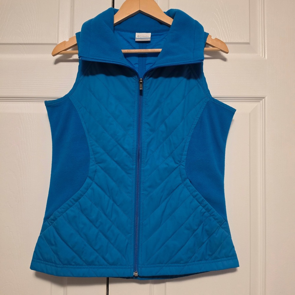 Columbia Quilted Chevron Fleece Trim Full Zip Insulated Blue Vest Size Small